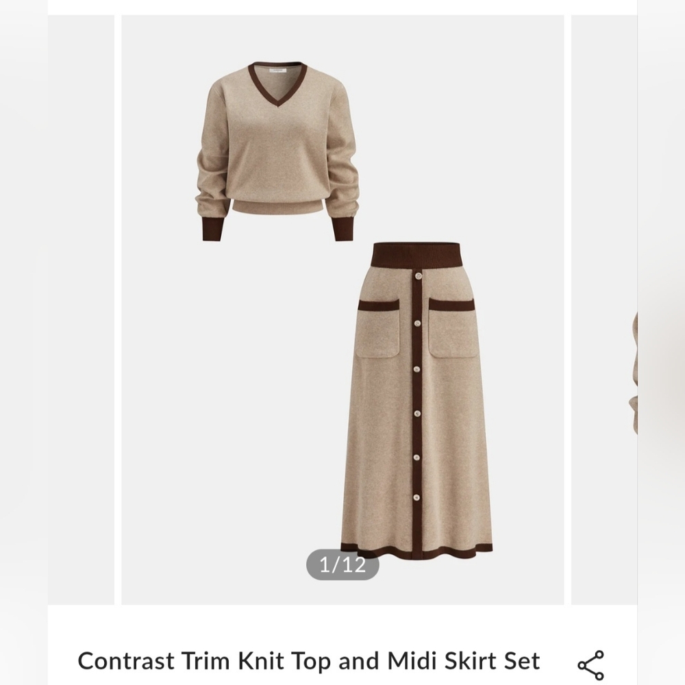 Contrast-Trim Knit Skirt Set in Beige and Brown MSRP $95